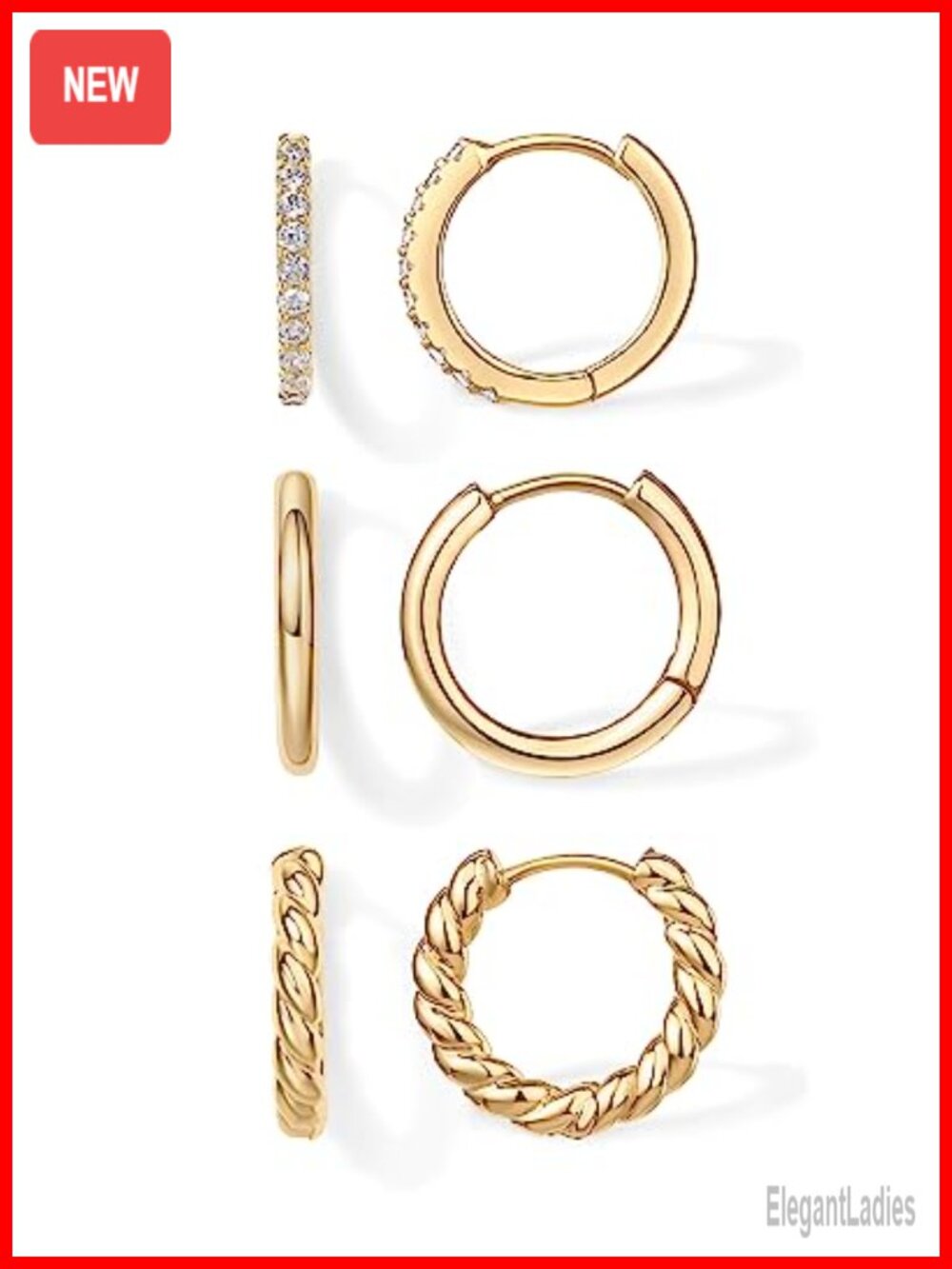 18K Gold Plated Cubic Zirconia Hoop Earrings 3-Pair Set
